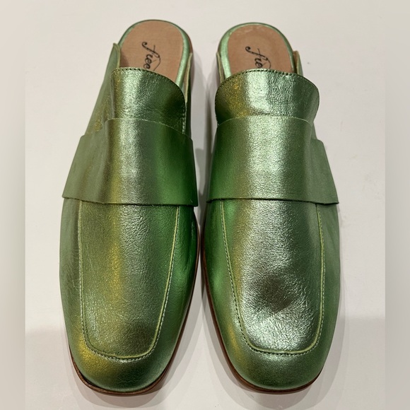 Free People Shoes - Free People‎ Green Metallic Leather Mule Loafers Sz. 39